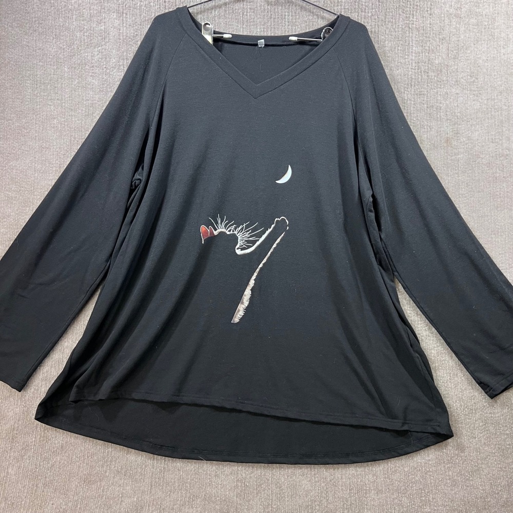 Cat Moon Graphic Print Womens 3XL Black Long Sleeve V Neck T Shirt
